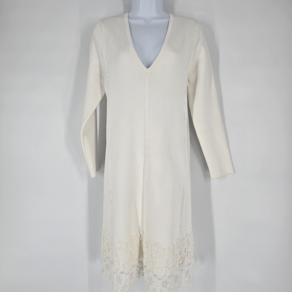 Lela Rose White Stretch Long Sleeve Dress Lace Hem V-Neck Fits Like Medium